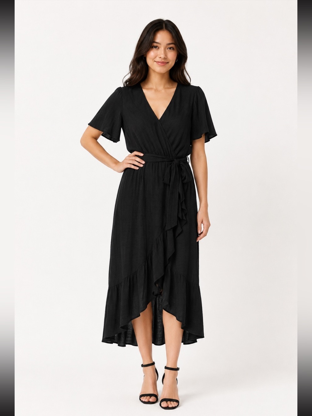 Rewind Faux wrap ruffled Black Dress size XLarge poly/Rayon blend